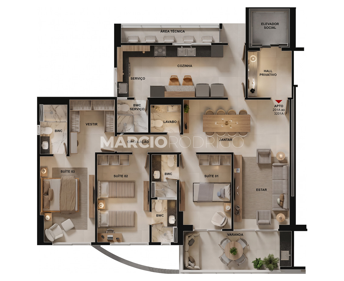 Planta tipo 1 do Residencial Leidson Farias — 3 suítes 136 m²