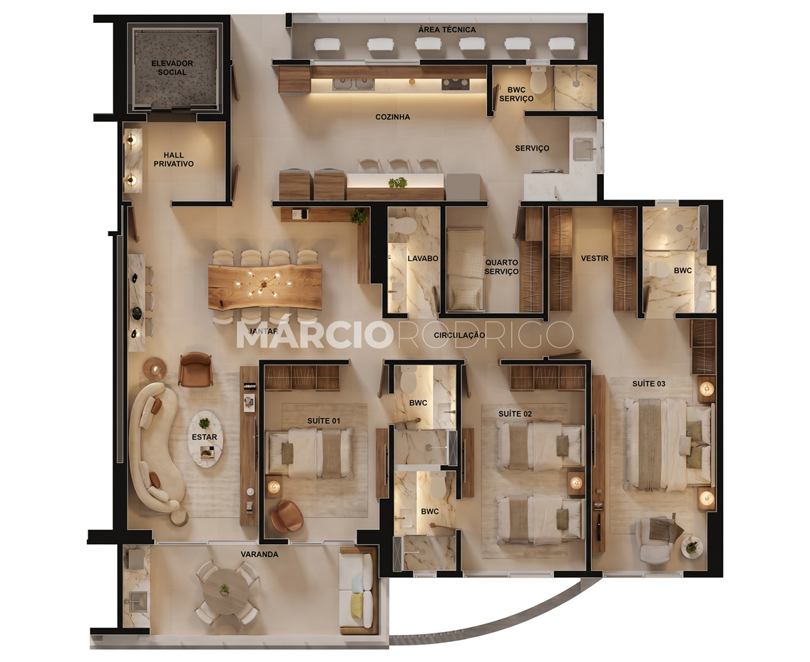Planta tipo 1 do Residencial Leidson Farias — 3 suítes 136 m²