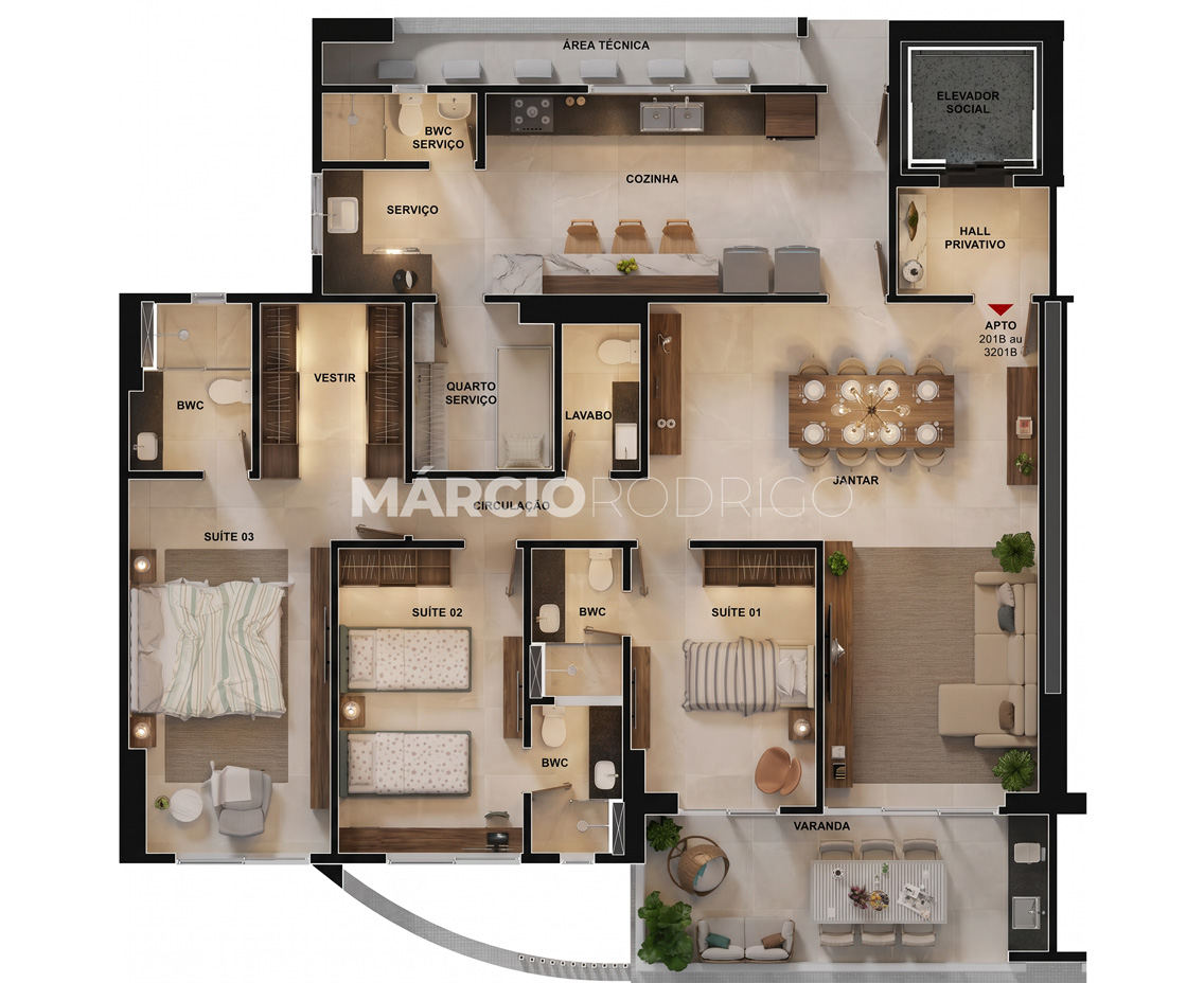 Planta tipo 1 do Residencial Leidson Farias — 3 suítes 136 m²