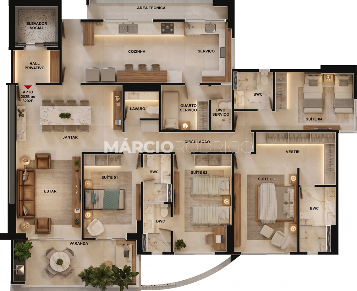 Planta tipo 1 do Residencial Leidson Farias — 3 suítes 136 m²